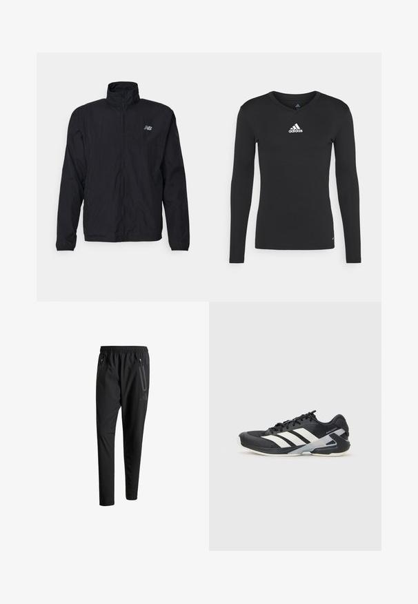 Must must jacket kõrge kraega, lukuga ees ja kergest materjalist. Omab logo rinnal ja elastseid mansette tiheda istumise tagamiseks.; Mustamustade pikad varrukad sportshirts, mis on valmistatud siledast kangast, V-kaelusega ja valge adidas logo rinnal.; Mustavad spordipüksid elastse vöökoha, kahe tõmblukuga küljetasku, kitsenevate säärete ning õrna logodetailiga puusadel.; Mustad sportlik jalanõud mustade värvidega, valgete triipudega, võrgusilma pealmine osa, ümar varvas ja pehme tallaga. Omab tekstureeritud kontsa ja kindlat paeltesüsteemi.