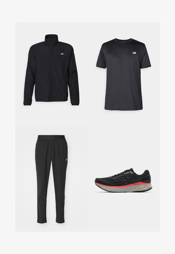 Giacca a vento nera con colletto alto, chiusura zip e materiale leggero. Presenta un logo sul petto e polsini elastici per una vestibilità aderente.; New Balance T-Shirt sport - black; Pantaloni sportivi neri realizzati in materiale leggero, con una vita elastica, design affusolato e un discreto dettaglio del logo sul lato.; Scarpa da corsa nera con tomaia in mesh, accentuata da una striscia rosa nella suola intermedia e una suola grigia. Presenta dettagli testurizzati e un design della suola flessibile.