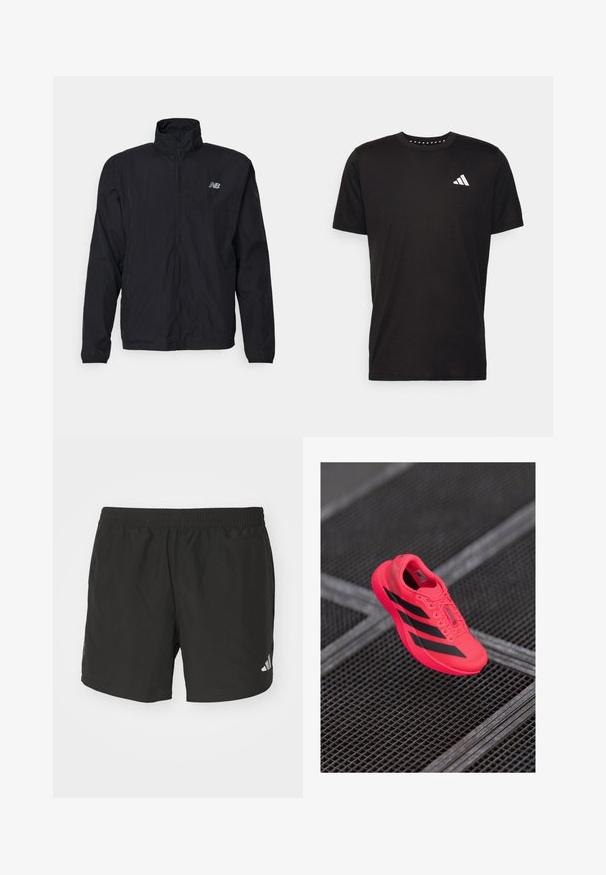 Čierna vetrovka s vysokým golierom, zipsom vpredu a ľahkým materiálom. Obsahuje logo na hrudi a elastické manžety pre tesné priliehanie.; Čierne bavlnené tričko s krátkymi rukávmi, klasickým výstrihom a bielym logom na ľavej strane hrude. Hladká textúra a jednoduchý dizajn.; Čierne atletické šortky s elastickým pásom, bočnými rozparkami a reflexnými logovými akcentmi. Vyrobené z ľahkej, hladkej tkaniny.; Jasne ružové bežecké topánky s čiernymi pruhmi, vyrobené z ľahkého sieťovinového materiálu, s textúrovanou podrážkou a dizajnom na šnurovanie.