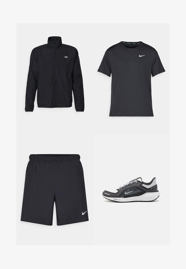 Mustat tuuletusviitta, jossa on korkea kaulus, vetoketjukiinnitys ja kevyt materiaali. Rinnassa on logo ja hihansuissa elastiset kuminauhat tarkan istuvuuden takaamiseksi.; Musta Nike juoksupaita, joka on valmistettu kevyestä ja hengittävästä materiaalista. Paidassa on lyhyet hihnat ja pieni valkoinen logo rinnassa.; Mustat urheilushortsit, jotka on valmistettu kevyestä materiaalista ja joissa on joustava vyötärö. Alareunassa vasemmalla puolella on pieni valkoinen Nike-logo.; Musta ja harmaa urheilukenka, jossa on verkkopäällinen, heijastavat yksityiskohdat ja valkoinen välipohja. Varustettu kuvioidulla kumipohjalla ja nauhoilla.