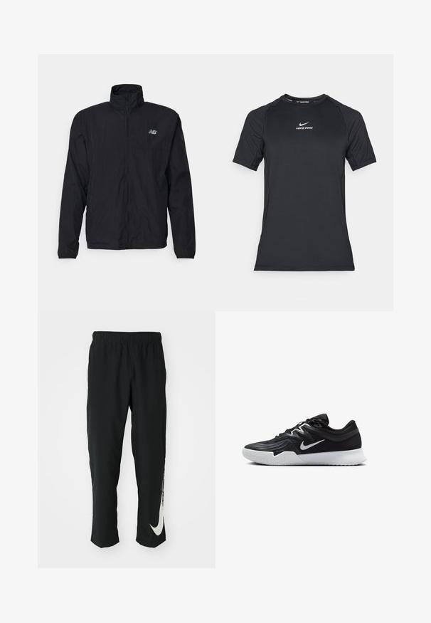 Casaco corta-vento preto com gola alta, fecho de correr à frente e material leve. Apresenta o logótipo no peito e punhos elásticos para um ajuste confortável.; Camiseta de compressão atlética Nike Pro de manga curta preta com o logótipo branco da Nike centrado no peito.; Calças atléticas pretas com cintura elástica, design afunilado, apresentando um grande logótipo branco da Nike na perna esquerda. Tecido macio e leve.; Sapatilha atlética preta com um cabedal texturizado, swoosh branco da Nike e uma sola de borracha branca. Apresenta um design com atacadores e uma forma dinâmica.