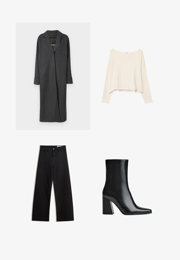 Dlhý sivý kabát z vlnenej zmesi, s výstrihom do špice, dvoma prednými vreckami a vyhrnutými rukávmi. Hladká textura a prispôsobený strih.; Svetlobežová skrátená mikina s širokým výstrihom, dlhými rukávmi a mäkkou, textúrovanou látkou. Má uvoľnený, štvorcový strih.; Čierne denimové nohavice s širokými nohavicami a vysokým pásom, so prednými a zadnými vreckami, šitými švami a zapínaním na gombík. Hladká textúra.; Čierna kožená členková čižma s špicatou špičkou a vysokým blokovým podpätkom. Hladká textura s elegantným siluetou a pevným základom.