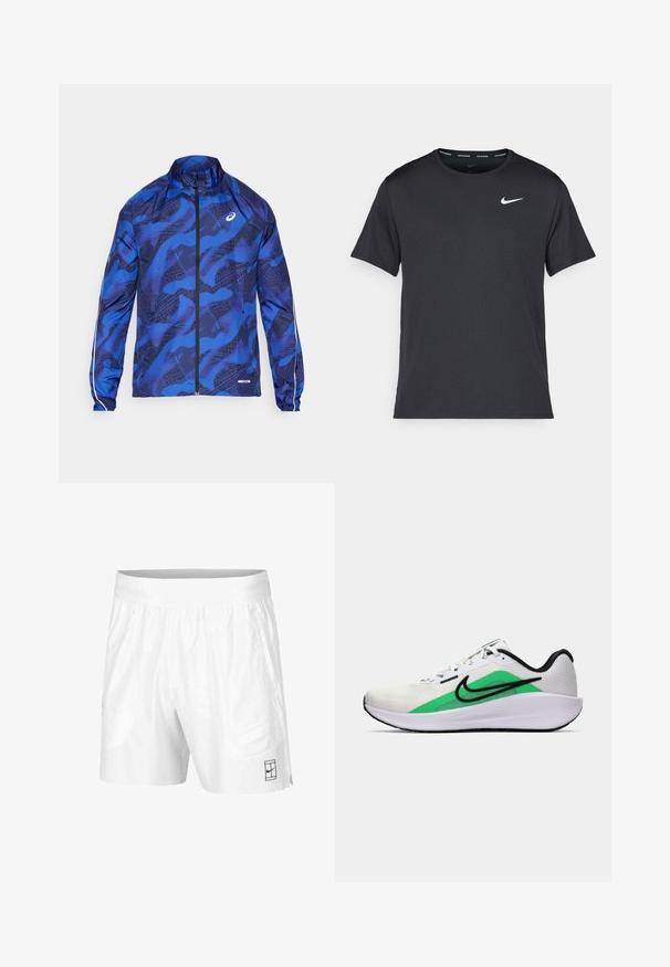 Plavi jakna sa uzorkom i patentnim zatvaračem, s visokim ovratnikom, koja ima mrežasti dizajn, elastične rukave i reflektirajuće detalje na rukavima.; Crna Nike majica za trčanje napravljena od laganog, prozračnog materijala, s kratkim rukavima i malim bijelim logotipom na prsima.; Bijele atletske kratke hlače izrađene od lagane tkanine s elastičnim pojasom, koje imaju dva bočna džepa i mali crni logo na rubu.; Bijela atletska obuća s zelenim akcentom, crnim logotipom, mrežastim gornjim dijelom, podstavljenom sole i zaobljenim petom. Sadrži vezice i kontrastne detalje.