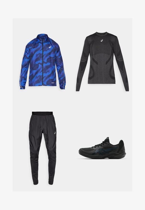 Blå mønstret lynlåsjakke med høj krave, der har et mesh-design, elastiske ærmer og reflekterende detaljer på ærmerne.; Langærmet atletisk top i mørkegrå, med teksturerede designelementer i en lysere grå. Crew-neklinje med logo på brystet.; Sorte træningsbukser med en strækbar talje, sidelommer og kontrasterende teksturpaneler på benene. Asics-logo på hoften.; ASICS SOLUTION SPEED FF 3 CLAY - Tennissko til grusbane - black/prism blue
