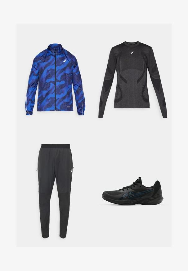 Blå mønstret lynlåsjakke med høj krave, der har et mesh-design, elastiske ærmer og reflekterende detaljer på ærmerne.; Langærmet atletisk top i mørkegrå, med teksturerede designelementer i en lysere grå. Crew-neklinje med logo på brystet.; Sort træningsbukser lavet af letvægts, vandafvisende materiale, med en tætsiddende design, elastisk talje og lynlåslommer på siden.; ASICS SOLUTION SPEED FF 3 CLAY - Tennissko til grusbane - black/prism blue