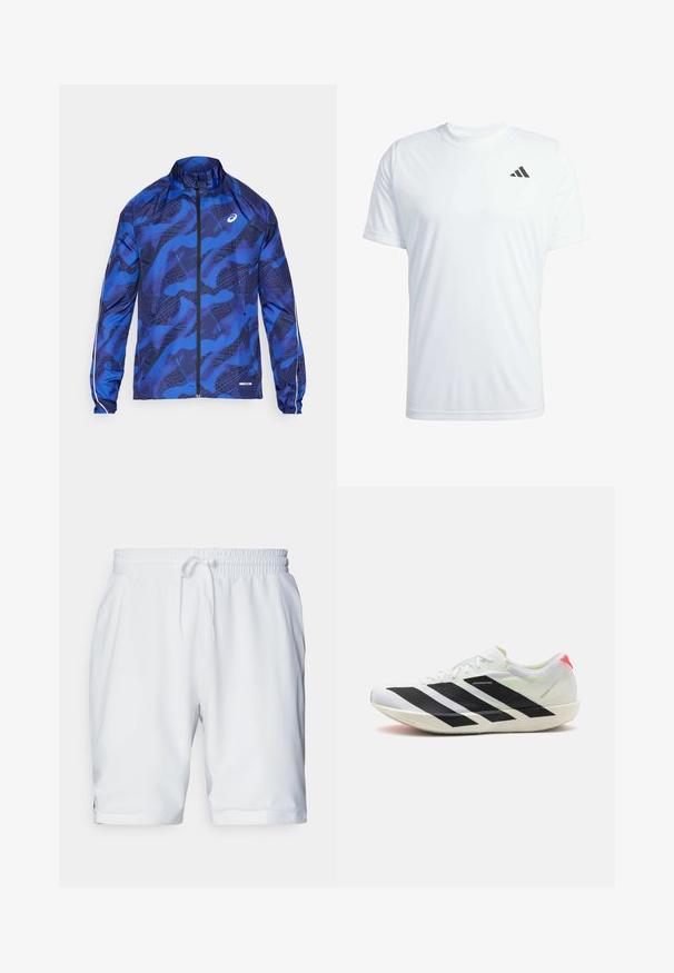 Giacca blu con zip e motivo a fantasia, dotata di un colletto alto, design in rete, polsini elasticizzati e dettagli riflettenti sulle maniche.; T-shirt atletico bianco a maniche corte realizzato in tessuto leggero, con il logo Adidas nero sulla parte superiore sinistra del petto.; Shorts atletici bianchi con vita elastica e coulisse regolabile. Tessuto morbido con una texture sottile, dotati di tasche laterali.; Scarpa sportiva bianca con strisce diagonali nere, materiale in rete leggero, accenti verdi e linguetta del tallone rossa; presenta un design elegante e allungato.
