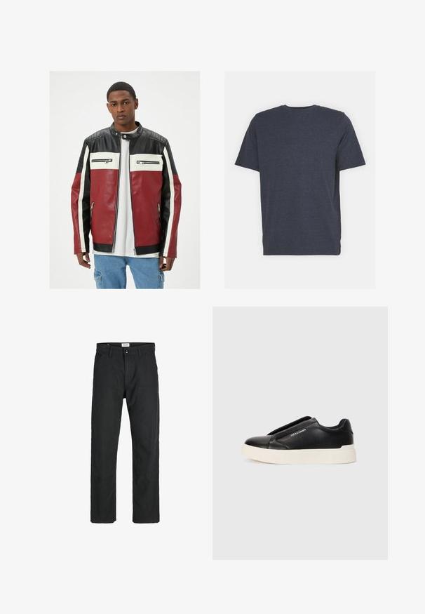 Rode en zwarte leren jack met witte strepen, ritssluitingen op de zakken en gewatteerde accenten op de schouders. Klassieke stijl, gelaagde texturen.; Navyblauwe crew neck T-shirt van zachte katoenmixstof, met korte mouwen en een normale pasvorm. Geen zichtbare patronen of accenten.; Zwarte broeken gemaakt van duurzame stof, met een recht gesneden ontwerp, gestikte accenten en twee voorzakken voor functionaliteit.; Zwarte slip-on sneaker met een gestructureerde leren bovenkant, witte rubberen zool en geen zichtbare veters. Beschikt over het merkembleem aan de zijkant.