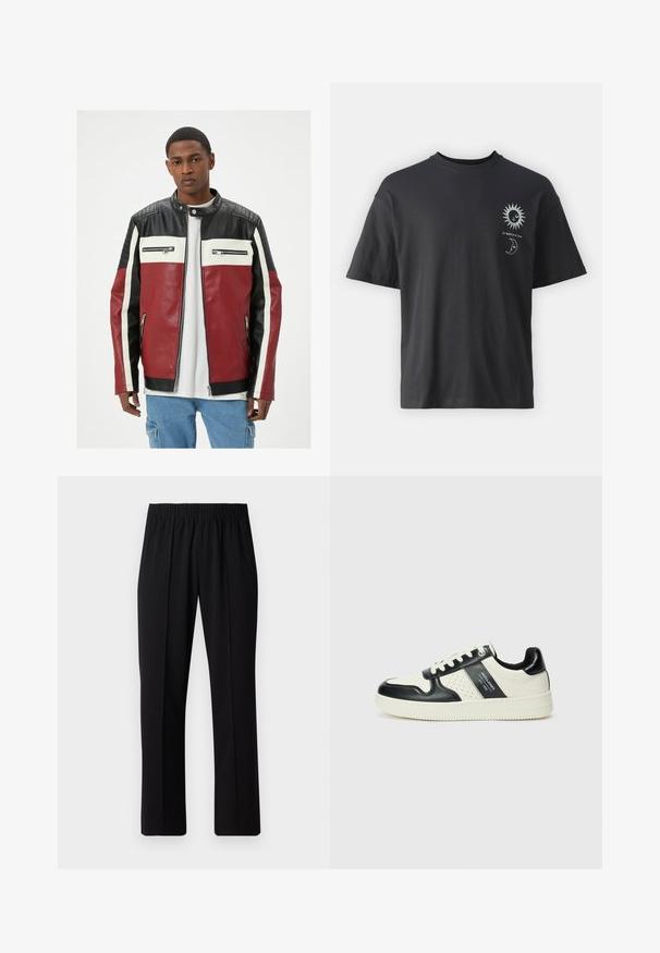 Veste en cuir rouge et noir avec des rayures blanches, poches zippées et accents matelassés sur les épaules. Style classique, textures superposées.; T-shirt noir en coton avec des manches courtes, col rond et graphiques sur le devant d'un soleil et d'une lune, accompagné du texte "Le Soleil et La Lune."; Pantalons noirs à taille élastique avec une coupe droite, présentant une texture lisse et sans motifs ni éléments visibles.; Baskets en cuir avec un schéma de couleurs noir et crème, dotées d'accents perforés, d'un col rembourré et d'une semelle texturée.