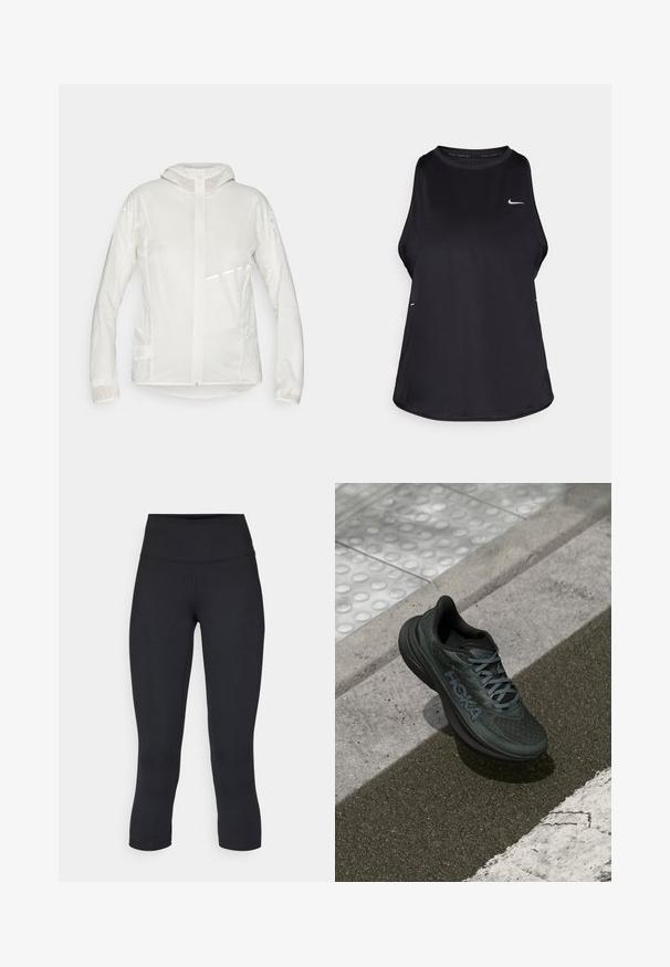 Lightweight, translucent white jacket with long sleeves, full zip closure, and a hood. Features a reflective stripe on the chest area.; Black sleeveless running tank top made of lightweight material with a round neck; features a subtle logo and side slits for breathability.; Black cropped leggings made of stretchy fabric, featuring a high waistband and smooth texture, with no visible patterns or hardware.; Black running shoe with mesh upper, textured accents, and logo, featuring a cushioned sole and gray laces, positioned on pavement.