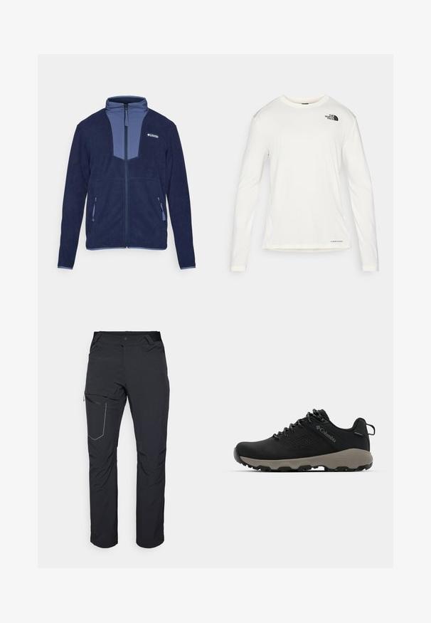 Mornarsko plava dukserica od flisa s kontrastnim svjetloplavim panelom na vratu, središnjim zatvaračem i dva bočna džepa sa zatvaračem.; Bijela majica dugih rukava s okruglim izrezom, teksturirana tkanina, crni logo na lijevom ramenu i suptilno brendiranje pri dnu.; Crne vanjske hlače s patentnim zatvaračem na butu, elastičnim pojasom i glatkim, vodootpornim materijalom. Čist dizajn bez vidljivih logotipa.; Crne planinarske cipele s glatkim gornjim dijelom, perforiranim dizajnom, sivoj potplati i ojačanim petom. Sadrže vezice i petlju za lakše oblačenje.