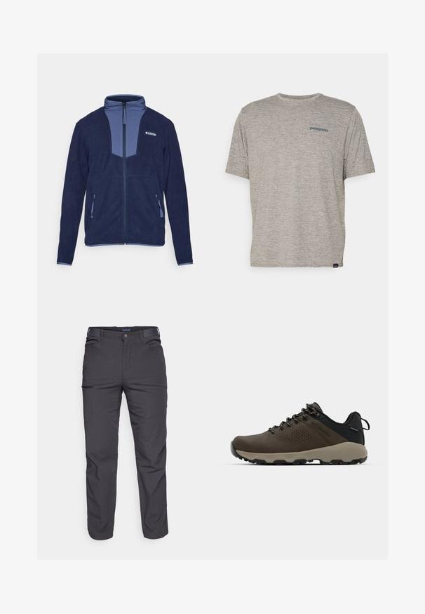Navy blue fleece jacket featuring contrasting lighter blue panel at neck, center front zipper, and two side pockets with zipper closures.; Gray short-sleeve t-shirt made of soft, textured fabric featuring a small blue Patagonia logo on the left chest. No additional patterns.; Dark gray trousers made of durable fabric, featuring a zippered pocket, straight cut, and belt loops for adjustable fit.; Brown waterproof sneakers with a textured upper, perforated accents, black heel support, and a grey rubber sole. Laces are styled with metallic ends.