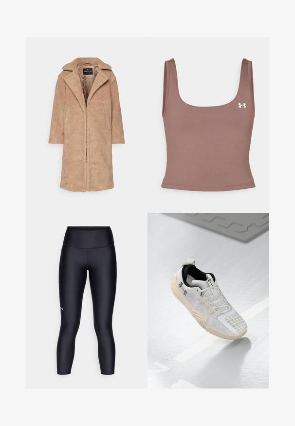 Barna flanel kabát, kivágott gallérral, hosszú ujjakkal és elülső zsebekkel. Puha tapintású, nyitott elülső kialakítással. Bélelt belső.; Barna crop tank top négyzet alakú nyakkivágással, sima, rugalmas anyagból készült. Kicsi, fehér logóval rendelkezik a bal oldalon.; Fekete leggings sima, rugalmas anyagból. Magas derékú dizájn, szoros illeszkedéssel és egy kis logóval a bal lábon.; Fehér sportcipő, textúrált hálós felsőrésszel, fekete belső résszel és bézs gumitalppal, amely mintás tapadást biztosít. Diszkrét részletekkel kiemelve.