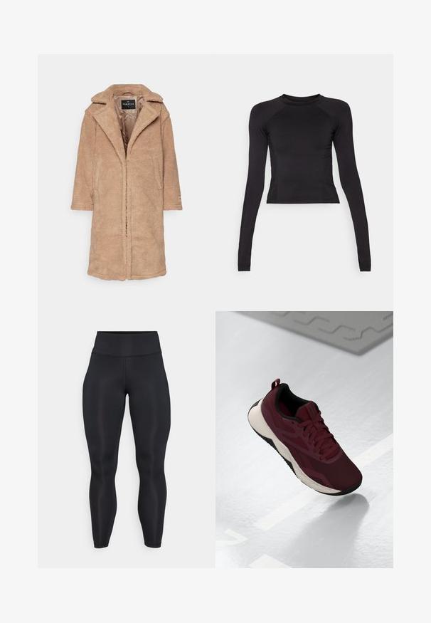 Manteau en polaire beige avec un col cranté, des manches longues et des poches avant. Texture douce avec un design à ouverture sur le devant. Intérieur doublé.; Crop top noir à manches longues en tissu extensible, avec un col rond et des manches raglan présentant de légers détails de couture.; Leggings noirs taille haute, longs, en tissu lisse avec des coutures visibles à l'avant et à la ceinture.; Chaussure de sport bordeaux avec dessus en maille, accents noirs et semelle blanche rembourrée. Présente un système de laçage et une languette au talon.