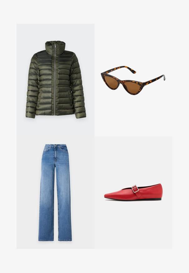 Giacca a vento in verde scuro, con sezioni trapuntate orizzontali, colletto alto, zip frontale completa e tasche laterali con una texture liscia.; Maglione brown in maglia con colletto alto a costine, maniche larghe e una texture morbida. Presenta una vestibilità rilassata e dettagli a costine sulle maniche.; Jeans a gamba larga di un azzurro chiaro, realizzati in denim, con vita alta, tasche frontali e chiusura con bottone standard. Texture liscia.; Scarpa piatta in pelle rossa con punta affusolata, dotata di un cinturino laterale con fibbia in metallo e un tacco basso nero. Texture liscia su tutta la superficie.; Occhiali da sole cat-eye con una montatura tartarugata nera e arancione, lenti marroni e punte affusolate e eleganti. Presentano un logo minimale sulla asta.; Orecchini a cerchio in argento con un design minimalista. Forma circolare, superficie liscia e profilo sottile. Leggeri con una finitura lucida.