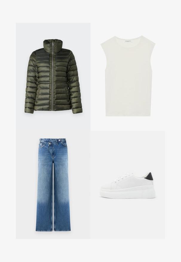 Tumedast roheline puffjakker, millel on horisontaalne tikkimine, kõrge krae, täispikk lukku ja küljetaskud, millel on sile tekstuur.; Valge ilma varrukateta topp ümmarguse kaelusega. Valmistatud siledast kangast, sellel on mugav lõige ja minimalistlik disain. Ei ole mustreid ega aksessuaare.; Heledad sinised laiad püksid, millel on kulunud pesu, klassikalise viie taskuga disain ja metallnupukillad vööl.; Valged platvormsneakerid, mis on valmistatud siledast sünteetilisest materjalist, ovaalse toe, paelkinnise disaini ja tekstuurse kummitaldiga. Must kontsrihm.