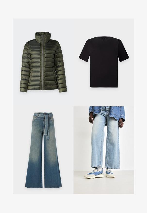 Tamsiai žalia pūkinė striukė, su horizonto siūtomis sekcijomis, aukštu apykakle, visišku priekinio užtrauktuko užsegimu ir šoninėmis kišenėmis, pasižyminčiomis sklandžia tekstūra.; Juodas trumpas rankovės marškinėlis su apvaliu iškirpimu, pagamintas iš minkštos medvilnės medžiagos. Paprastas dizainas, be matomų logotipų ar raštų.; Platus džinsinis kelnes su šviesiai tamsiai mėlynu gradientu, aukštu juosmeniu, diržo kilpomis ir atitinkančiu audinio diržu. Textūruotas džinsinis paviršius.; Mėlynų džinsų plačių kojų kelnės, derinamos su mėlynais ir kremiškai baltais sportbačiais, turinčiais tekstūruotą audinį ir raištelius, prieš neutralų foną.