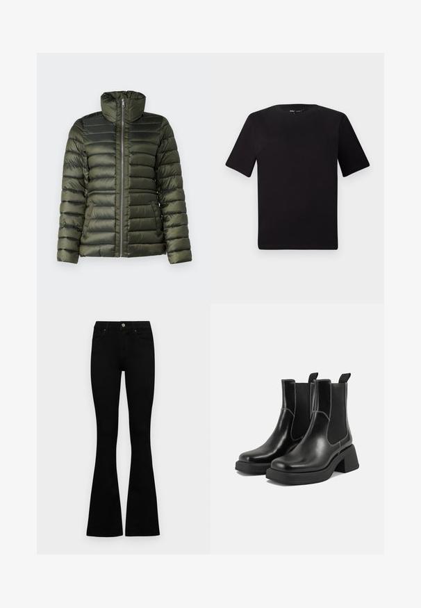 Puffer-takki tummanvihreänä, jossa on vaakasuorat tikkaukset, korkea kaulus, täysipitkä vetoketju ja sivutaskut, jotka ovat sileäpintaiset.; Musta lyhythihainen t-paita pyöreällä kaula-aukolla, valmistettu pehmeästä puuvillakankaasta. Yksinkertainen malli, ei näkyviä logoja tai kuvioita.; Mustat korkeavyötäröiset farkut nappi- ja vetskariyläosalla, etutaskuilla ja levenevillä lahkeilla, asetettuna tasaisesti valkoista taustaa vasten.; Mustat nahkaiset Chelsea-kengät paksulla korolla, joustavilla sivupaneeleilla ja kontrastilla valkoisella ompelulla. Teksturoitu pinta.