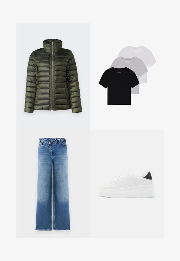 Sötétzöld púderdzseki, vízszintes steppeléssel, magas gallérral, teljes hosszúságú cipzárral és sima textúrájú oldalsó zsebekkel.; Három rövidujjú póló készlet fekete, szürke és fehér színben. Pamutból készült, kerek nyakú, egyszerű, egyszínű dizájnnal.; Világoskék, bő szárú farmernadrág, elhalványodott mosással, klasszikus öt zsebes kivitelben, fémből készült gombokkal a deréknál.; Fehér platform sportcipők sima szintetikus anyagból, lekerekített orral, fűzős kialakítással és texturált gumitalppal. Fekete sarokdísz.