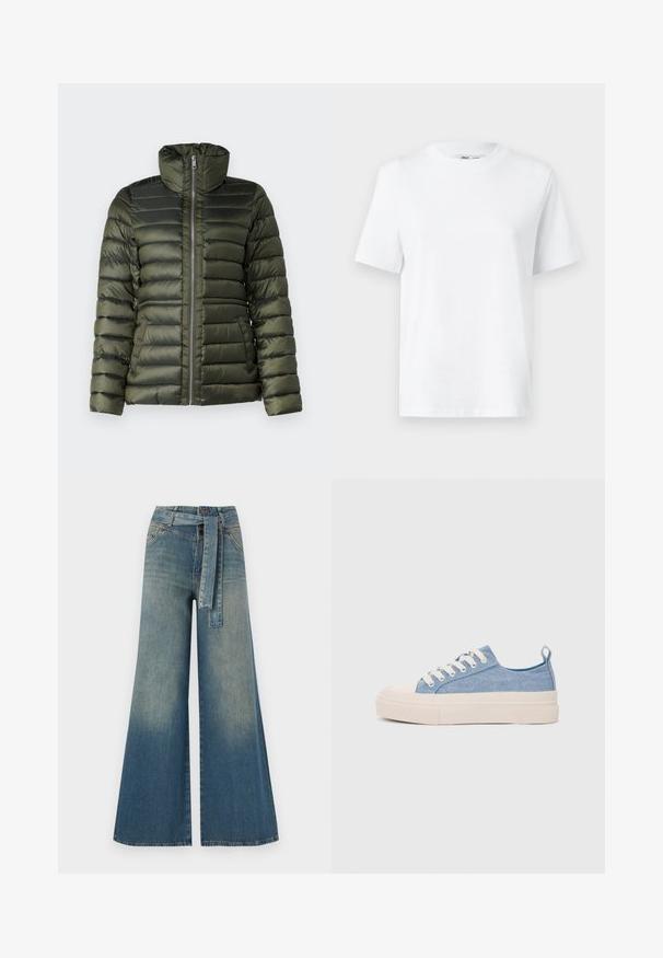 Puffjakke i dunkelgrøn med horisontale quiltede sektioner, høj krave, fuld frontlynlås og sidelommer med en glat tekstur.; Hvid bomulds T-shirt med rund hals, kortærmet og en glat tekstur. Designet med en afslappet pasform for komfort og alsidighed.; Bredbens-denimbukser med en lys til mørk blå gradient, høj talje, bælteløkker og et matchende stofbælte. Tekstureret denimfinish.; Lyseblå lærredssneakers med en cremefarvet gummitåhætte og sål, udstyret med hvide snørebånd og en træksløjfe på hælen.