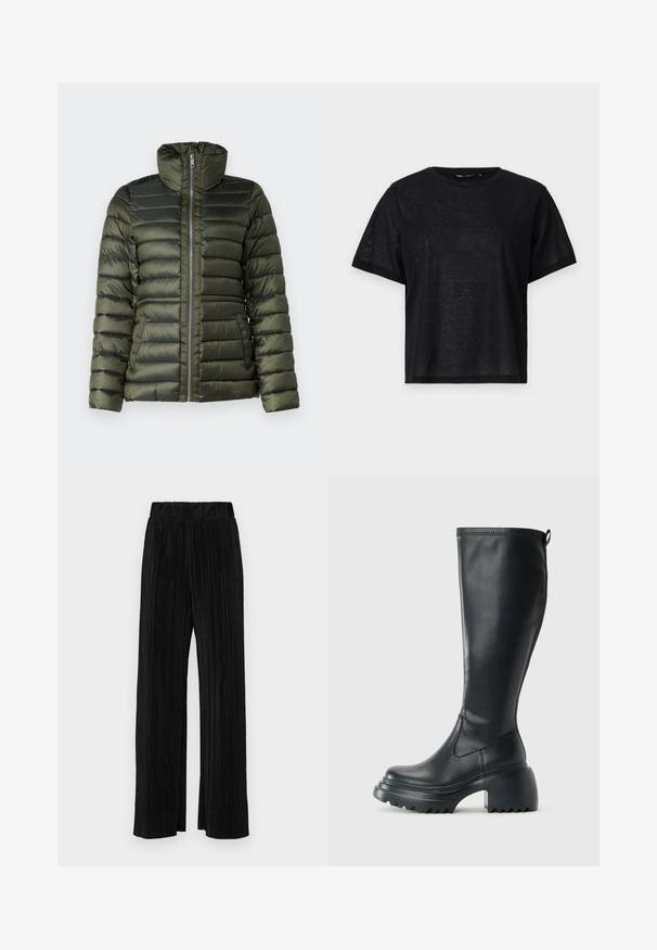 Pūdera jakas tumši zaļā krāsā, ar horizontālām iešuvēm, augstu apkakli, pilnu priekšējo rāvējslēdzēju un sānu kabatām, gluda tekstūra.; Melnas īsā piedurkņu T-kreklis ar brīvu piegriezumu, ar gludu tekstūru un apaļu kakla izgriezumu. Viegls audums ar smalku spīdumu.; Melni plīšu bikses ar elastīgu jostu. Tām ir platākas kājas un gluda, teksturēta auduma ar vertikālām svītrām.; Augstas melnas ādas zābakus ar masīvu platformu un bloka papēdi, ar vilkšanas cilpu un strukturētu profilu uz ārējā zoles.