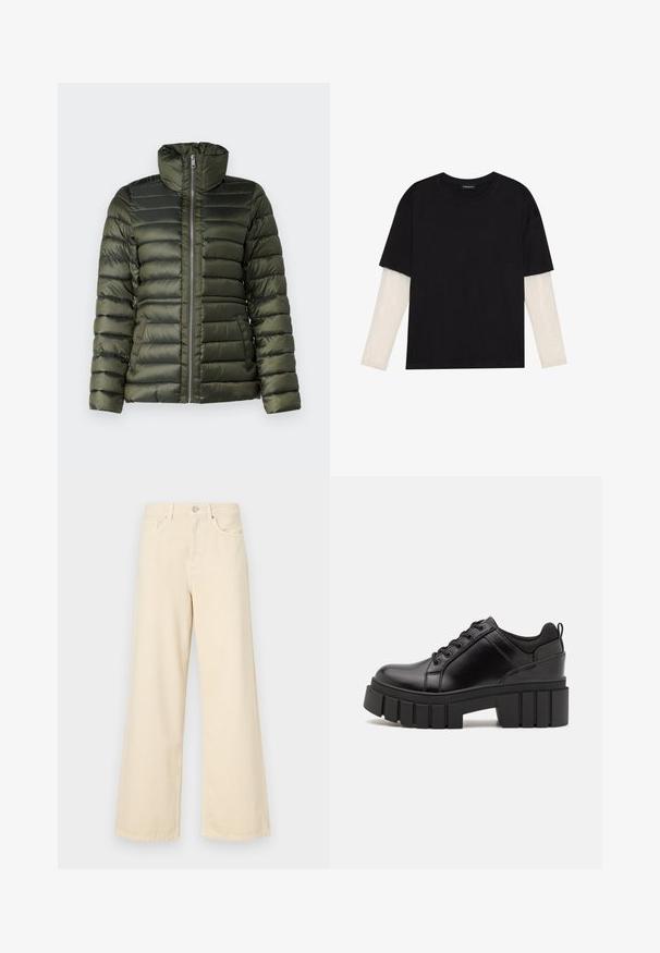 Puffer jacket in dark green, featuring horizontal quilted sections, a high collar, full front zipper, and side pockets with a smooth texture.; Black T-shirt made of cotton, featuring short sleeves over a white long-sleeve layer with a subtle textured pattern. Crew neckline design.; Beige wide-leg jeans made of cotton. Features a button closure, belt loops, and front pockets with a smooth, soft texture.; Black leather platform shoes with a chunky block heel, round toe, and traditional lace-up design. Features smooth texture and minimal detailing.
