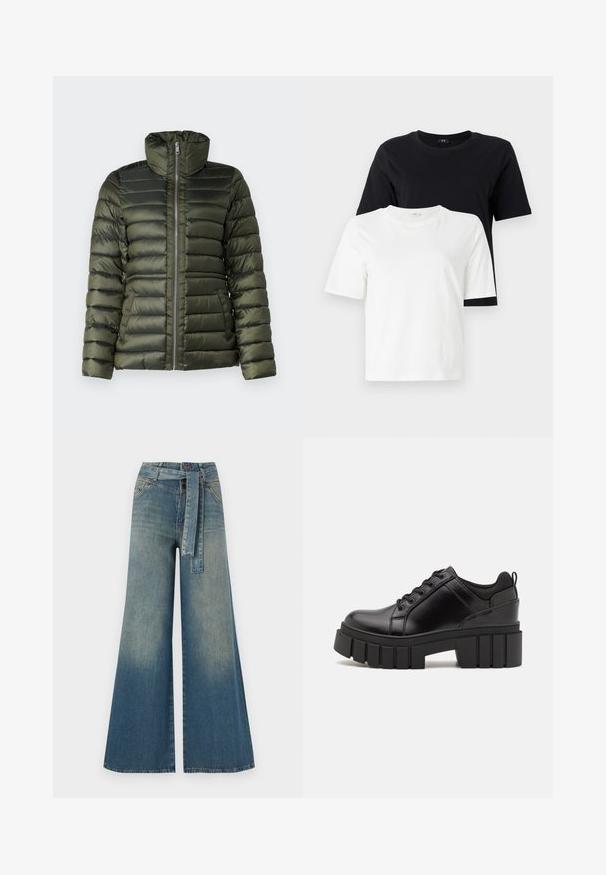 Wollen jack in donker groen, met horizontaal doorgestikte secties, een hoge kraag, een volle rits aan de voorkant en zijzakken met een gladde textuur.; Zwart-witte katoenen T-shirts. Ronde hals, korte mouwen, relaxte pasvorm. Het zwarte shirt wordt boven het witte shirt weergegeven.; Wijduitlopende denim broek met een lichte naar donkere blauwe gradient, hoge taille, riemlussen en een bijpassende stoffen riem. Gestructureerde denimafwerking.; Zwarte leren platform schoenen met een stevige blokhak, ronde neus en een traditionele vetersluiting. Kenmerkt zich door een gladde textuur en minimale details.