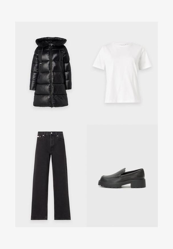 Svart puffjacka med en stor, justerbar huva, dragkedja fram och två dragkedjefickor på sidorna. Har kviltade sektioner och justerbara axelremmar.; Vit bomullströja med korta ärmar, rund halsringning och en avslappnad passform. Slät textur, inga mönster eller detaljer, minimalistisk design.; Svarta vida jeans i denim med hög midja, fem fickor och metallknappstängning med kontrasterande sömmar.; Svarta läderloafers med rund tå, tjockt strukturerat såle och minimala sömnadsdetaljer. Snygg design utan synliga snören eller beslag.