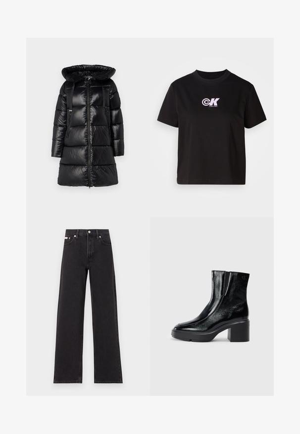 Schwarze Daunenjacke mit großer, verstellbarer Kapuze, Reißverschluss vorne und zwei seitlichen Reißverschlusstaschen. Verfügt über gesteppten Bereiche und verstellbare Schulterriemen.; Schwarzes Baumwoll-T-Shirt mit Rundhalsausschnitt und kurzen Ärmeln. Mit einem weißen und pinken "CK"-Logo im oberen linken Brustbereich.; Schwarze weit geschnittene Jeans aus Denim mit einem hoch sitzenden Bund, fünf Taschen und einem Metallknopfverschluss mit kontrastierendem Nähte.; Schwarze Lackleder-Stiefeletten mit einer geschwungenen Zehenpartie, elastischen Seiteneinsätzen und einem klobigen Blockabsatz. Mit geprägtem Logo auf der Rückseite.