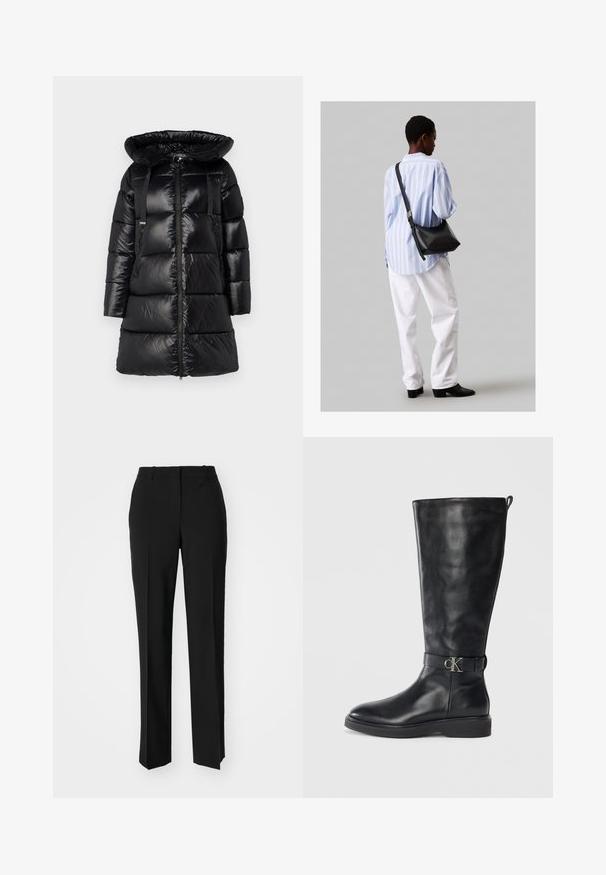 Fekete puffernadrág nagy, állítható kapucnival, cipzáros elülső résszel és két cipzáras oldalzsebbel. Tűzött részekkel és állítható vállpántokkal rendelkezik.; Fekete pamut póló rövid ujjakkal, kerek nyakkivágással és kis fehér "Calvin Klein" logóval a mellkasnál. Simás textúra, klasszikus fazon.; Fekete, testhezálló nadrág egyenes szárú kivitelben, sima textúrával és éles redőkkel az elején. Nincs látható fémalkatrész.; Fekete bőr, térd fölé érő csizma alacsony sarkú, kerek orrú és fém "CK" logós csattal a bokáján.; Fekete bőr válltáska puha tapintással, háromszög alakú, állítható pánttal, világoskék csíkos inggel és fehér nadrággal párosítva.
