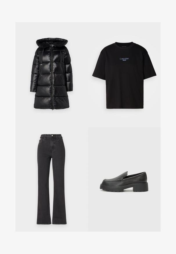 Black puffer coat with a large, adjustable hood, zip front, and two zippered side pockets. Features quilted sections and adjustable shoulder straps.; Black cotton t-shirt with a round neck, short sleeves, and blue embroidered "Calvin Klein JEANS" logo on the front.; Black high-waisted flared jeans made of denim, featuring a button closure, belt loops, and side pockets. Smooth texture with minimal fading.; Black leather loafers with a rounded toe, thick textured sole, and minimal stitching details. Sleek design with no visible laces or hardware.