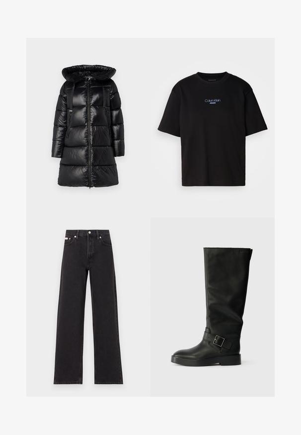 Schwarze Daunenjacke mit großer, verstellbarer Kapuze, Reißverschluss vorne und zwei seitlichen Reißverschlusstaschen. Verfügt über gesteppten Bereiche und verstellbare Schulterriemen.; Schwarzes Baumwoll-T-Shirt mit Rundhalsausschnitt, kurzen Ärmeln und blau gesticktem "Calvin Klein JEANS"-Logo auf der Vorderseite.; Schwarze weit geschnittene Jeans aus Denim mit einem hoch sitzenden Bund, fünf Taschen und einem Metallknopfverschluss mit kontrastierendem Nähte.; Schwarze kniehohe Stiefel aus glattem Leder, mit runder Zehenpartie, dicker Sohle und einem horizontalen Riemen mit rechteckiger Schnalle.
