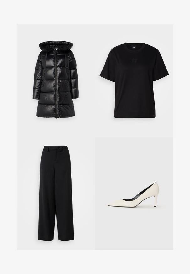 Black puffer coat with a large, adjustable hood, zip front, and two zippered side pockets. Features quilted sections and adjustable shoulder straps.; Black cotton t-shirt with a crew neckline, short sleeves, and an embroidered logo on the chest. Simple, relaxed fit with no patterns.; Black wide-leg trousers made of smooth fabric, featuring a flat-front design, pleated details, and belt loops at the waistband.; White patent leather high-heeled pump with a pointed toe, slim heel, and black interior detailing. Smooth texture and sleek design.