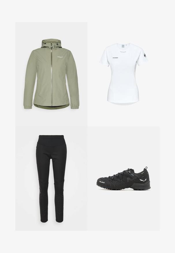 Veste étanche verte claire avec fermeture éclair, capuche ajustable, poignets élastiques et ourlet légèrement courbé. Présente un logo sur la poitrine.; T-shirt de sport à manches courtes, blanc, avec un col rond, arborant un logo sur la poitrine et une texture de tissu lisse et léger.; Leggings de sport noirs avec une taille haute, texture lisse, détail de logo et accents en panneaux latéraux pour un intérêt visuel supplémentaire.; Chaussures de randonnée noires avec une tige en tissu texturé, un système de laçage et une semelle en caoutchouc robuste. Agrémentées de détails réfléchissants et de logos.