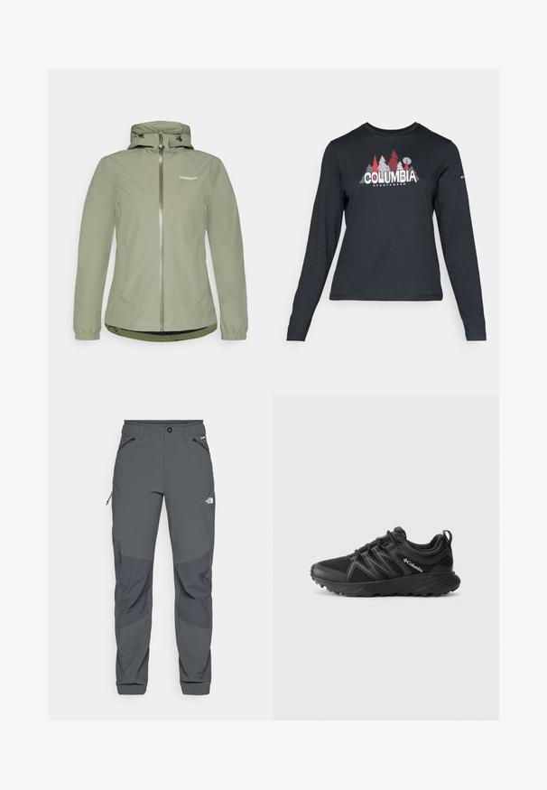 Giacca impermeabile verde chiaro con chiusura a zip, cappuccio regolabile, polsini elasticizzati e orlo leggermente curvo. Presenta un logo sul petto.; Maglietta a maniche lunghe grigia scura con una grafica di alberi rossi e montagne; logo "COLUMBIA" in caratteri bianchi in grassetto. Tessuto morbido, scollatura a girocollo standard.; Pantaloni outdoor grigio scuro con toppe rinforzate sulle ginocchia, tasche laterali e frontali con zip, chiusura con bottone e logo The North Face sulla coscia.; Columbia PEAKFREAK - Scarpa da hiking - black