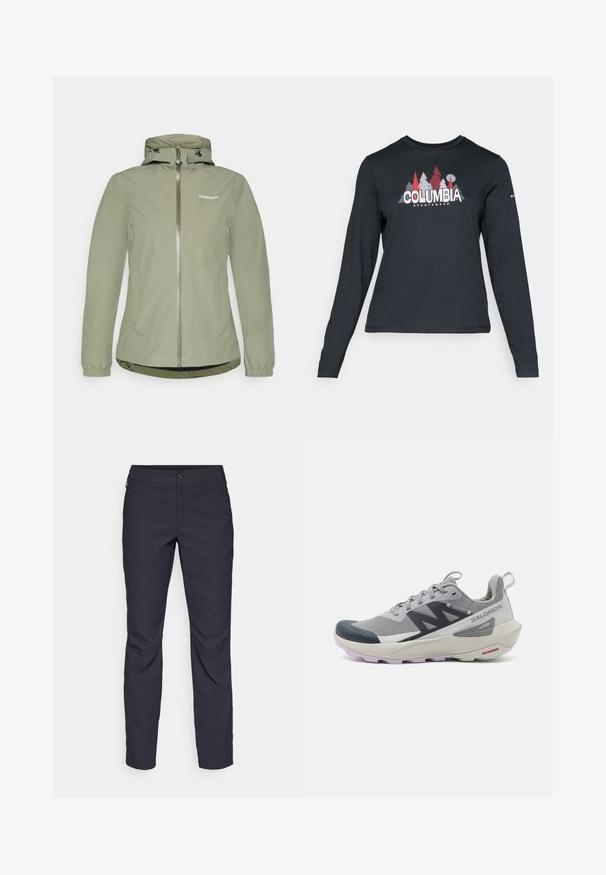 Veste étanche verte claire avec fermeture éclair, capuche ajustable, poignets élastiques et ourlet légèrement courbé. Présente un logo sur la poitrine.; Chemise à manches longues gris foncé avec un motif d'arbres rouges et de montagnes ; logo "COLUMBIA" en lettres blanches en gras. Tissu doux, col rond standard.; Pantalons bleu marine en tissu lisse, dotés d'une fermeture par bouton à l'avant, d'un design ajusté et de détails pliés au niveau des genoux.; La chaussure de course Salomon en gris et bleu marine présente un dessus en maille respirante, un embout en caoutchouc et une semelle texturée avec des accents lavande.