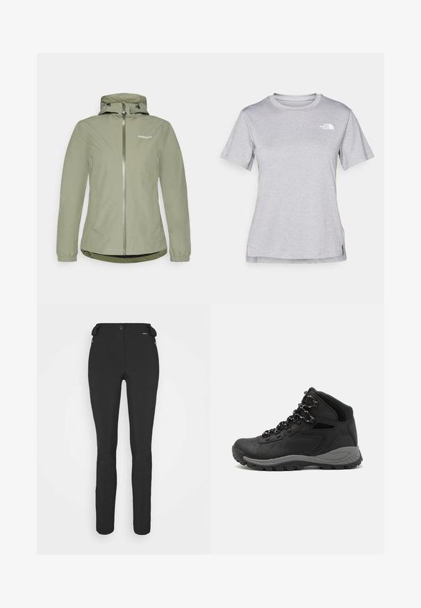 Veste étanche verte claire avec fermeture éclair, capuche ajustable, poignets élastiques et ourlet légèrement courbé. Présente un logo sur la poitrine.; T-shirt gris à manches courtes fabriqué en tissu doux et évacuant l'humidité. Il présente un col rond et un petit logo blanc en haut à gauche.; Pantalons noirs ajustés en matériau flexible. Les caractéristiques comprennent une poche latérale zippée, des genoux articulés et une texture lisse.; Botte de randonnée noire au design mi-haut, avec un dessus texturé, des accents gris et une semelle en caoutchouc durable avec des crampons de traction.