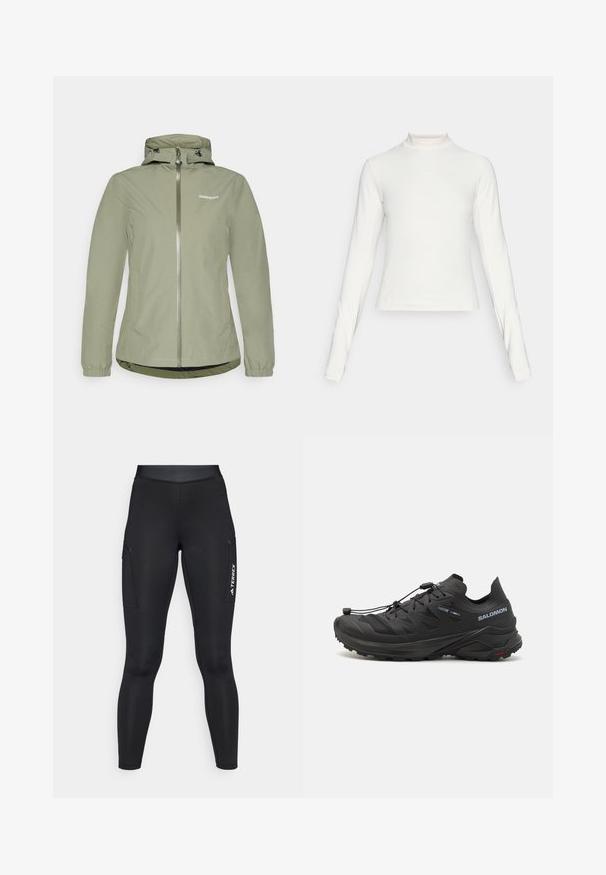 Šviesiai žalia neperšlampama striukė su užtrauktuku, reguliuojama kapišonu, elastingomis rankogaliais ir šiek tiek lenktu hemu. Ant krūtinės yra logotipas.; Ilgų rankovių baltas sportinis marškinėlis su pusapykakle ir mažuoju centro logotipu ant krūtinės, pateiktas ant vientiso fono.; Juodos sportinės tamprės su prigludusia siluetu, pagamintos iš tampraus audinio. Yra šoninės kišenės ir baltas "TERREX" logotipas.; Juodi bėgimo batai trail su tekstūruota viršutinė dalimi, tinklinėmis dalimis ir saugiai užsegamu sistemu. Turima tvirta pado struktūra, užtikrinanti sukibimą.