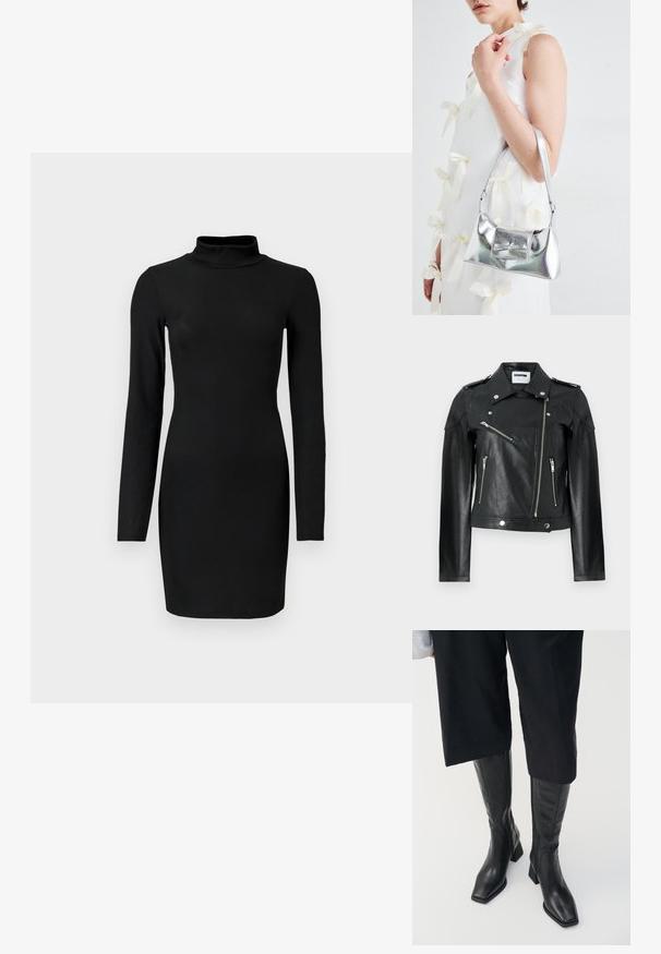 Juodasis odinis motociklininkų švarkas su trumpa iškirpte, sidabro spalvos užtrauktukais, užsegimais mygtukais ir pečių epauletais. Yra tekstūruotas paviršius.; Juoda raukinėta ilgomis rankovėmis su apykakle, prigludusi siluetas ir lygus paviršius. Iki vidurio šlaunų ilgio, be matomų raštų ar akcentų.; Juodos odinės iki kelio pasiekiantys batai su kvadratiniu pirštu ir stačiu kulnu. Yra šoninis užtrauktukas ir lygi tekstūra.; Sidabrinė metalinė rankinė su struktūrizuota forma, turinti viršutinę rankeną ir kaspiną priekyje. Lygi tekstūra, atspindinti apdaila.