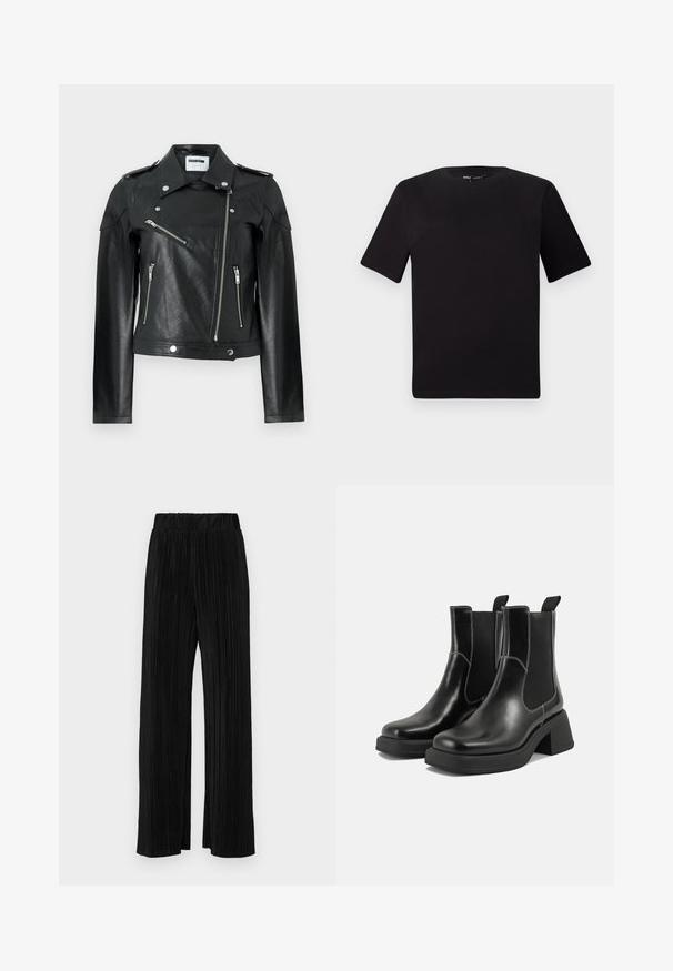 Svart lädermotorcykeljacka med en beskuren design, silverfärgade dragkedjor, tryckknappsstängningar och axelklaffar. Har en strukturerad yta.; Svart kortärmad t-shirt med rund halsringning, tillverkad i mjukt bomullstyg. Enkelt mönster, utan synliga logotyper eller mönster.; Svarta plisserade byxor med resårmidja. Har vida ben och ett mjukt, texturerat material med vertikala ränder.; Svarta läder Chelsea-boots med en kraftig klack, elastiska sidpaneler och kontrasterande vit sömnad. Texturerad yta.