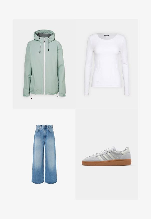 Mentolově zelená lehká bunda s kapucí, bílým předním zipem, bočními kapsami a nastavitelnými šňůrkami v dolním lemu a na manžetách.; Bílé žebrované tričko s dlouhým rukávem a kulatým výstřihem. Vyrobeno z elastické tkaniny, která obepíná tělo. Obsahuje jemné horizontální pruhy.; Světle modré široké džíny z denimu, s vysokým pasem, zapínáním na knoflík a jemným blednutím s čistými okraji nohavic.; Svetle šedé nubukové tenisky s bílými koženými akcenty, třemi bílými pruhy a hnědou gumovou podrážkou, s polstrovaným límcem pro pohodlí.
