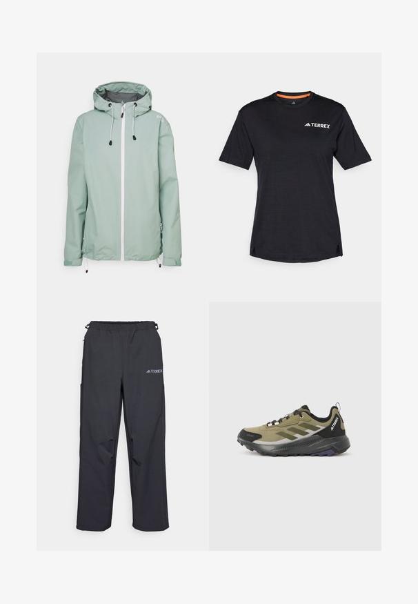 Mentolově zelená lehká bunda s kapucí, bílým předním zipem, bočními kapsami a nastavitelnými šňůrkami v dolním lemu a na manžetách.; Černé tričko s krátkým rukávem a kulatým výstřihem, s jemnou melanžovou strukturou a bílým logem "TERREX" na levé horní straně.; Černé, lehké venkovní kalhoty s elastickým pasem, bočními kapsami a logem na pravé horní nohavici. Hladká, voděodolná tkanina.; Olivově zelená a černá běžecká trailová obuv s vyztuženou špičkou, robustní podrážkou, poutkem na zapínání a logem "TERREX" na patě.