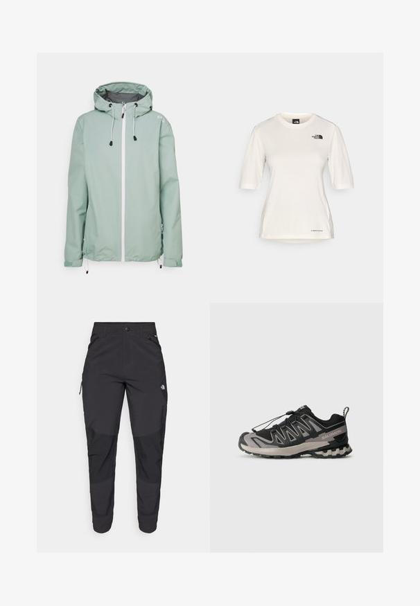 Mintgroene lichtgewicht jas met een capuchon, witte rits aan de voorkant, zijzakken en verstelbare koordjes aan de onderkant en mouwen.; The North Face SHADOW SHORT SLEEVE - Sport T-shirt - white dune; Zwarte outdoorbroek gemaakt van duurzaam materiaal. Voorzien van ritszakken, versterkte knieën en een rechte snit voor optimale bewegingsvrijheid.; Zwart en grijs sportieve schoen met een bovenwerk van mesh, rubberen zool en een elastisch vetersysteem. Heeft een verstevigde neus en textuuraccenten.