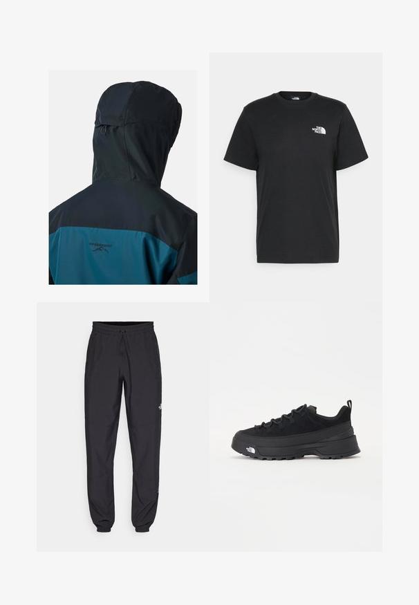 Bagfra af en person iført en blå og sort hættejakke med "Swedemount" logo og bjergdesign på ryggen.; Sort bomulds t-shirt med korte ærmer, rund hals og et lille hvidt logo på venstre bryst. Enkel design, glat tekstur og afslappet pasform.; Sorte atletiske bukser lavet af letvægtsstof, med en snor i taljen, sidelommer og tapered manchetter ved anklerne.; Sort udendørs sneakers med overdel i ruskind, tekstureret gummisål og robust snøringssystem. Har en forstærket hæl og logo fra mærket på siden.