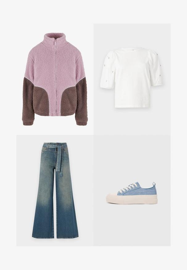 Karl Kani Flisinė striukė - rose taupe; Balta medvilnės marškinėliai trumpomis pūstomis rankovėmis, papuošti mažomis sidabrinėmis detalėmis ant rankovių. Klasikinis apvalus iškirpimas, laisvas siluetas.; Platus džinsinis kelnes su šviesiai tamsiai mėlynu gradientu, aukštu juosmeniu, diržo kilpomis ir atitinkančiu audinio diržu. Textūruotas džinsinis paviršius.; Šviesiai mėlyni drobės sportbačiai su kreminiu guminiu pirštų apsaugos ir pado elementu, balti raišteliai ir kilpa ant kulno.