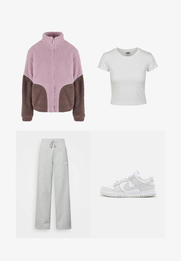 Karl Kani Jakna iz flisa - rose taupe; Bela bombažna majica s klasičnim okroglim ovratnikom, kratkimi rokavi in prilegajočim se krojem. Ni vidnih vzorcev ali dodatkov.; Sive hlače iz trenirke z elastičnim pasom, detajlom na vezanje in majhnim belim logotipom Nike na levem stegnu. Mehak material, ohlapen kroj.; Bela usnjena športna obutev z sivo-nitastimi detajli, perforiranim prstom, ravnimi vezalkami, oblazinjeno ovratnikom in teksturirano gumijasto podplatom.