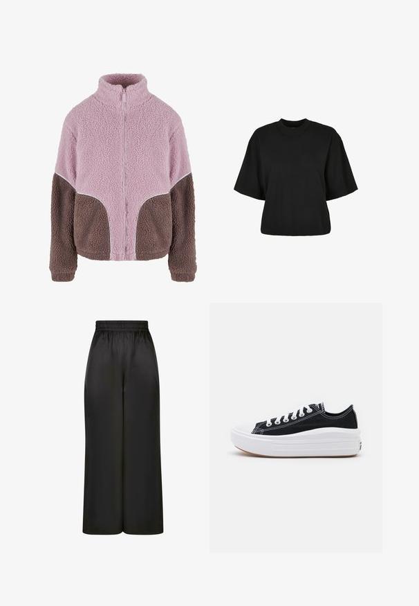 Karl Kani Fleecová bunda - rose taupe; Černé zkrácené tričko vyrobené z bavlny. Má krátké rukávy a kulatý výstřih. Hladký povrch s jednoduchým designem, bez dalších vzorů.; Černé široké kalhoty vyrobené z hladké, lesklé látky, s elastickým pasem bez viditelných kapes nebo kovových detailů.; Černé plátěné tenisky s bílými tkaničkami, bílým gumovým špičkovým krytem a masivní bílou střední podrážkou. Mají jemné bílé švy a gumovou podešev.