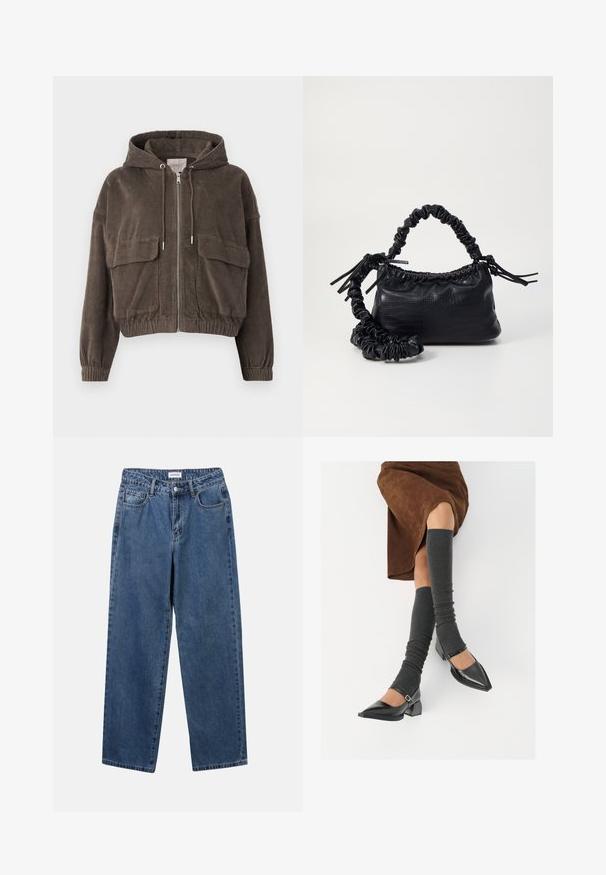 Pruunist korduroist jakk, millel on kapuuts, ees lukk, suured taskud, elastsed varrukaotsad ja lühike disain. Pehme tekstuur vertikaalsete ribadega.; Valge nööpidega särk, mis on valmistatud siledast puuvillast. Särgil on klassikaline krae, pikad varrukad ja kaarduv äär. Nöödid on väikesed ja valged.; Klassikalised sinised denimists teksad otsejalaga disainiga, viie taskuga ja nööbisuletusega. Omab keskmist pesu ja tugevat tekstuuri.; Mustad patsaline odav värviga kingad, millel on kreen ja pahkluuring, on paaritatud hallide ribakudumitega sääremiidega ja pruunist nahast seelikuga.; Must must sünteetilisest nahast käekott, millel on krokodillimuster, kokku tõmmatav ülaosa ja kortsus rihm. Tundub pehme ja kompaktne disain.