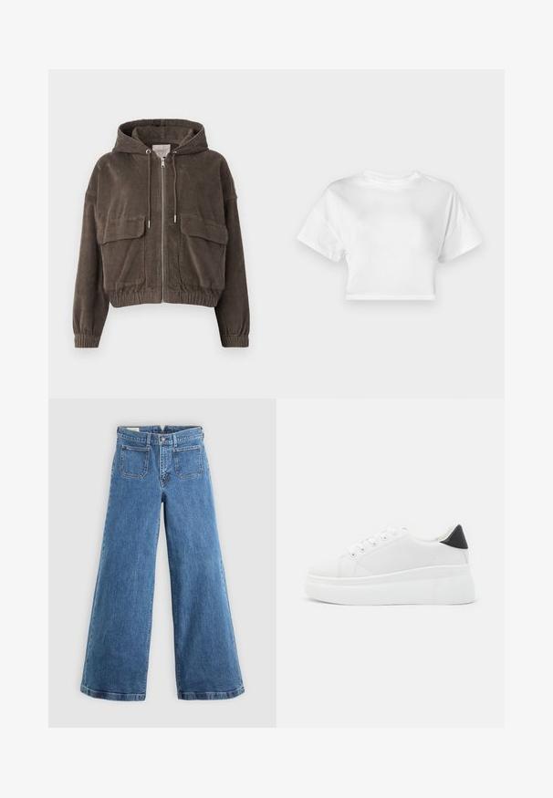 Ruda kordūrinė striukė su gobtuvu, priekyje užtrauktuku, didelėmis kišenėmis, elastinėmis rankovėmis ir trumpu kirpimu. Minkšta tekstūra su vertikaliomis briaunomis.; Balta trumpa medvilninė marškinėlių palaidinė. Trumpi rankovės, apvali iškirptė, lygus paviršius, kasdienis dizainas be raštų ar puošmenų.; Mėlyni aukštu juosmeniu, plačių kojų džinsai su priekinėmis kišenėmis, diržo kilpos, mygtukų uždarymu ir užtrauktuku ant vientiso fono.; Balti platforminiai sportbačiai, pagaminti iš lygios sintetinio audinio, su apvaliu pirštu, raištelių užsegimu ir tekstūruota guma padanga. Juodas kulno akcentas.