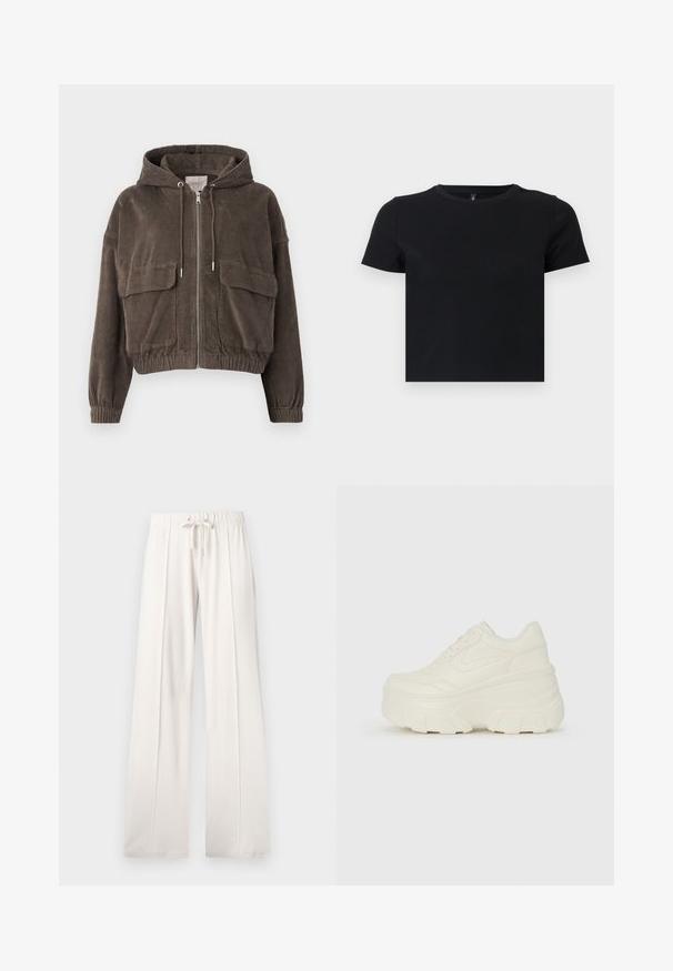 Brązowa kurtka z materiału sztruksowego z kapturem, z zamkiem błyskawicznym z przodu, dużymi kieszeniami naszytymi, elastycznymi mankietami oraz skróconym fasonem. Miękka tekstura z pionowymi żebrami.; Czarny t-shirt z krótkim rękawem wykonany z miękkiej bawełny. Posiada okrągły dekolt i dopasowany krój. Gładka tekstura bez wzorów lub akcentów.; Jasno beżowe dresy wykonane z miękkiego materiału, z elastycznym paskiem w pasie, szerokimi nogawkami i pionowymi szwami, o gładkiej teksturze.; Białe sneakersy na platformie z gładkim, skórzano przypominającym wierzchem, zaokrąglonym kształtem, wyściełanym kołnierzem oraz teksturowaną gumową podeszwą z wyraźnym bieżnikiem.