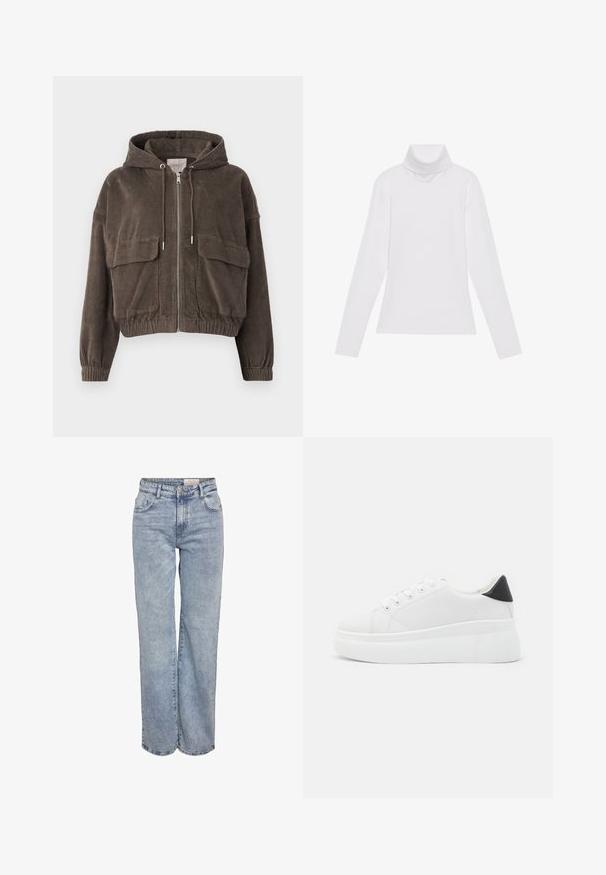Rjava korduroj jakna s kapuco, sprednji zadrgo, velikimi žepnimi obliži, elastičnimi manšetami in krojeno zasnovo. Mehak učinek z navpičnimi rebrinami.; Bela dolga majica s turtleneck ovratnikom, izdelana iz gladke, raztegljive tkanine. Ima visok ovratnik in prilega telesu, brez vidnih vzorcev ali okrasitev.; Svjetloplave široke traperice od denima, sa visokim strukom, dizajnom s pet džepova i suptilnim blijeđenjem za izgled nakon nošenja.; Bele platform tenisice izdelane iz gladkega sintetičnega materiala, z zaobljenim prstom, sistemom vezalk in teksturiranim gumijastim podplatom. Črn dodatek na peti.
